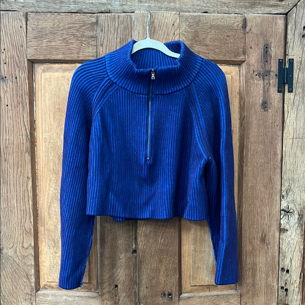 Free People Blue Ribbed Sweater with Half-Zip